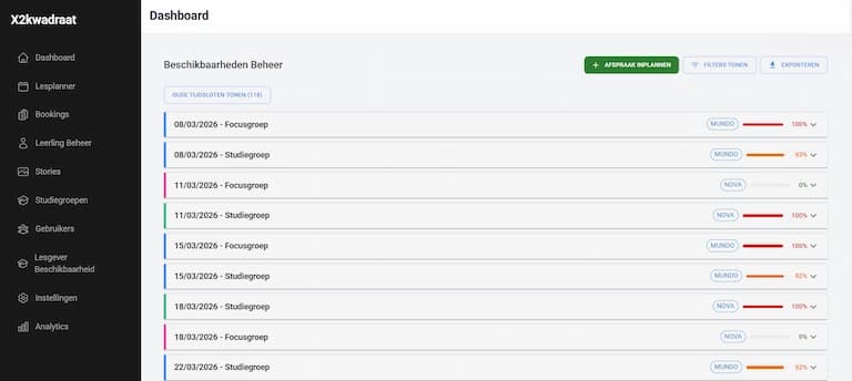 Dashboard van X2Kwadraat met overzicht van boekingen en planning
