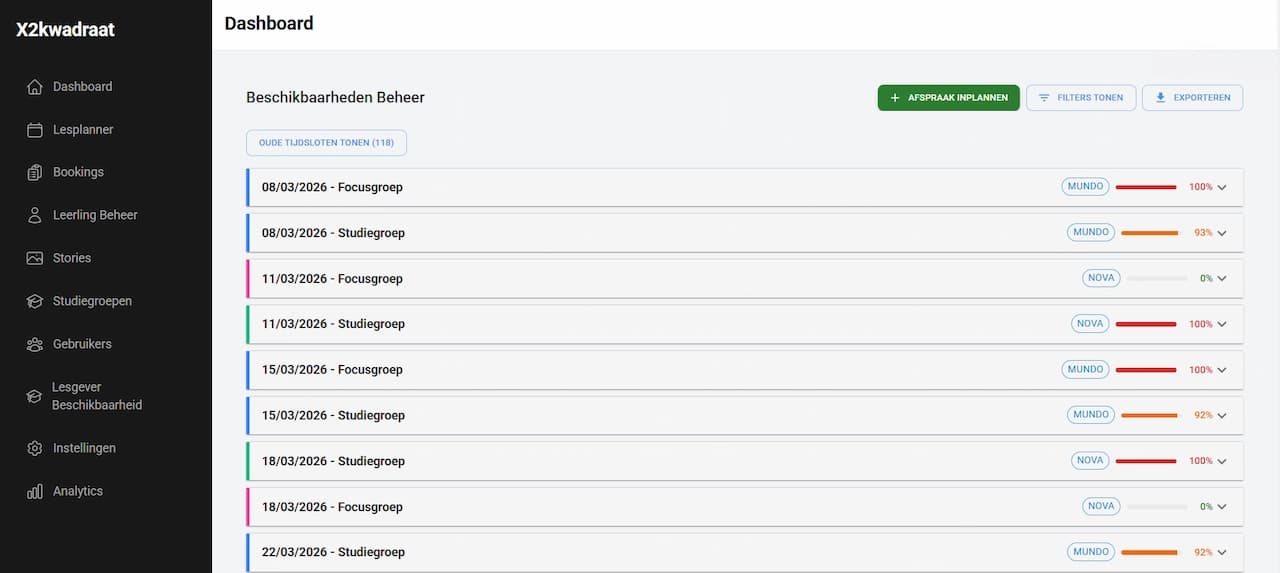 Dashboard van X2Kwadraat met overzicht van boekingen en planning